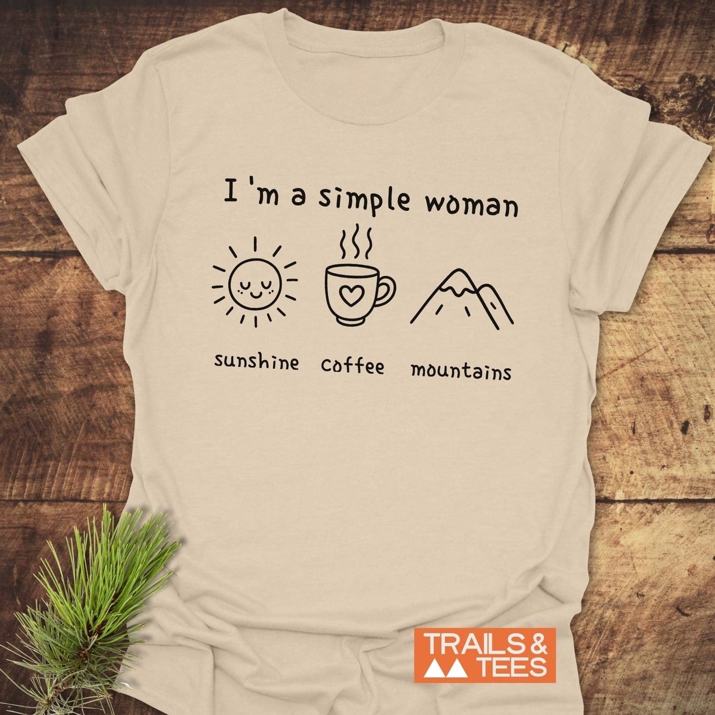 I'm A Simple Woman - Sunshine Coffee Mountains T-Shirt featuring a sun, coffee cup, and mountain line drawing, ideal for nature and coffee enthusiasts.