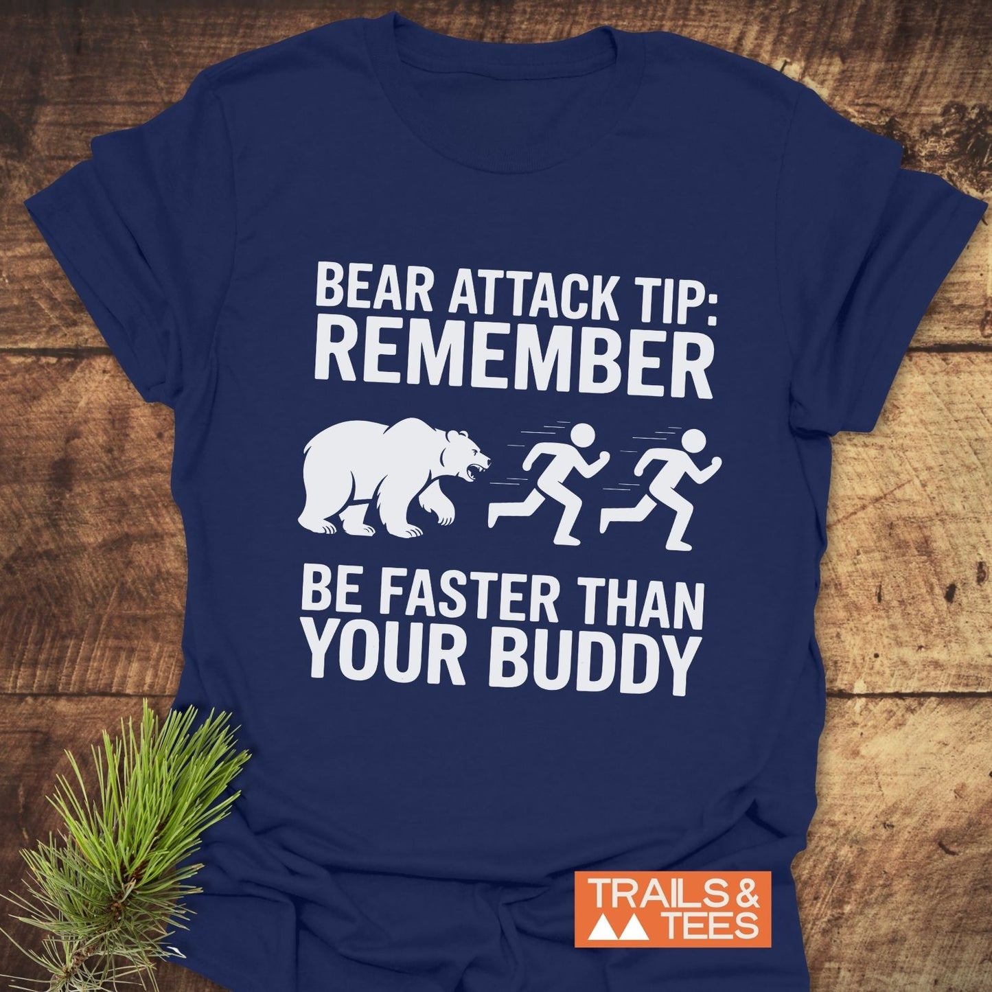 Bear Attack Tip Be Fast T-Shirt featuring a playful white bear design and white text on a blue shirt, ideal for active wear.