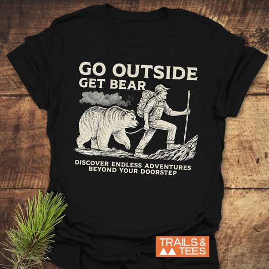 Go Outside Get Bear T-Shirt featuring a whimsical design of a man walking a bear, ideal for outdoor enthusiasts and casual wear.