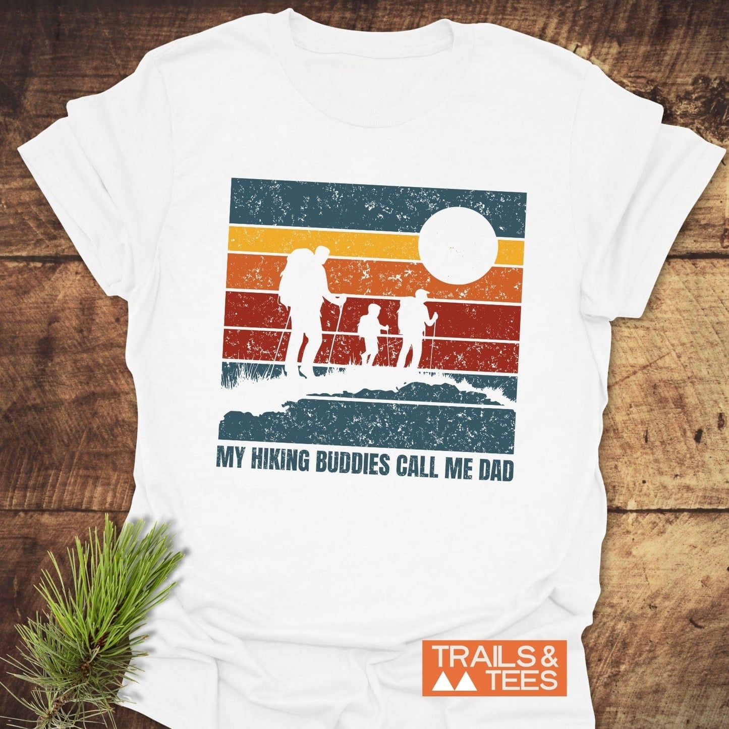 Group hiking scene on My Hiking Buddies Call Me Dad T-Shirt featuring white silhouettes of people with an active, outdoor theme.