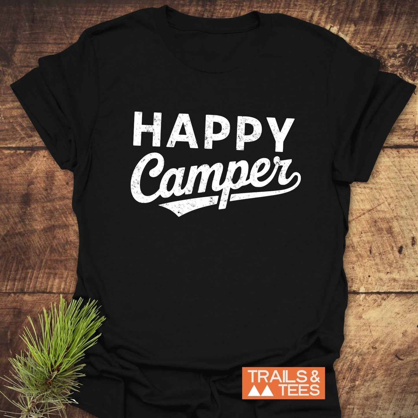 Happy Camper T-Shirt featuring bold white text on a sleek design, ideal for active wear. Perfect for outdoor enthusiasts seeking comfort and style.