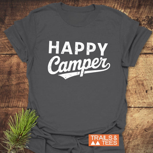 Happy Camper T-Shirt featuring bold white text on a grey background, perfect for active wear enthusiasts seeking a stylish, comfortable top.