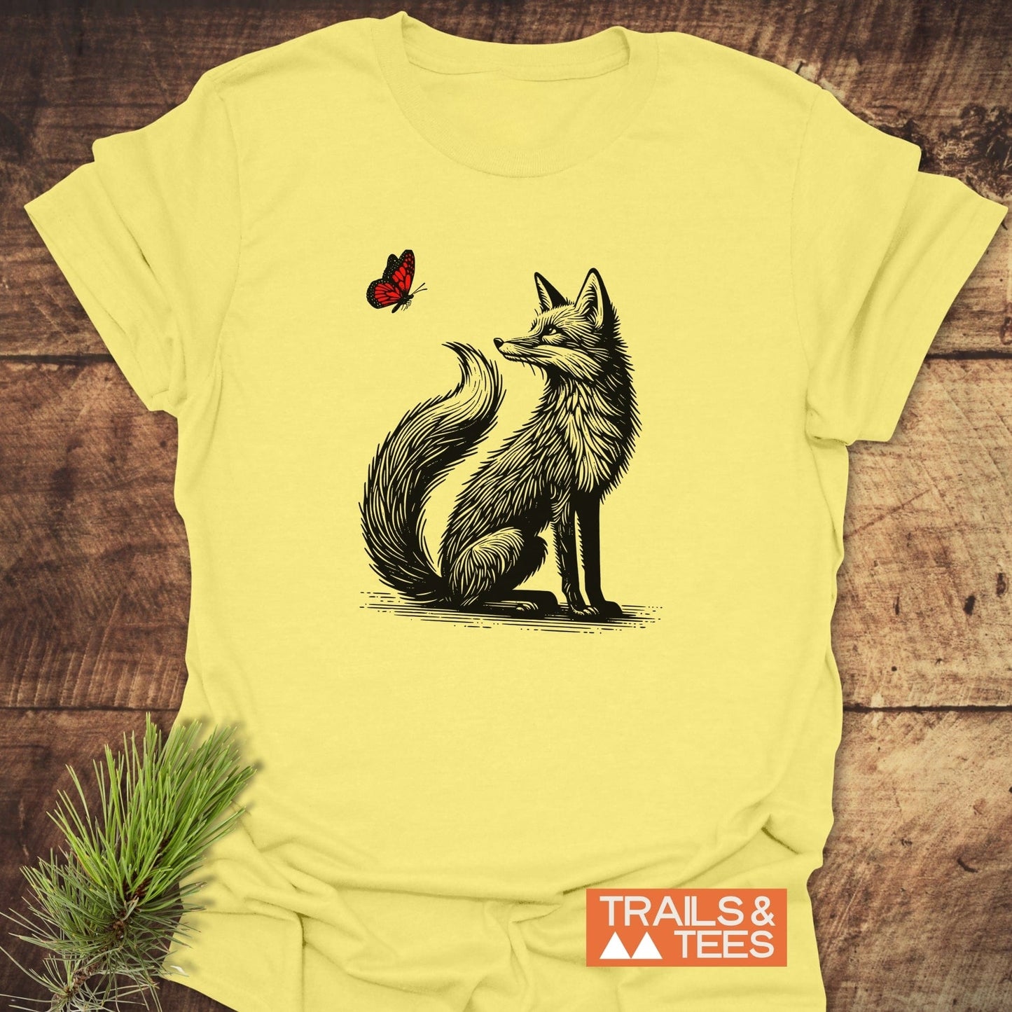 Fox And Butterfly T-Shirt featuring a detailed illustration of a fox with a butterfly on a soft, active wear t-shirt.