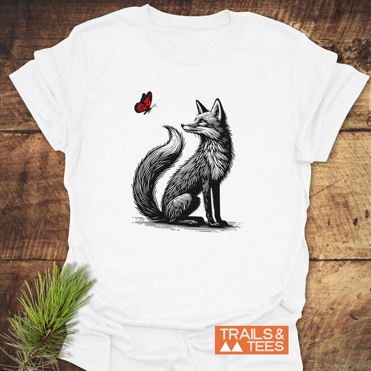 Fox And Butterfly T-Shirt featuring a detailed black and white drawing of a fox and butterfly, designed on a comfortable, active white t-shirt.