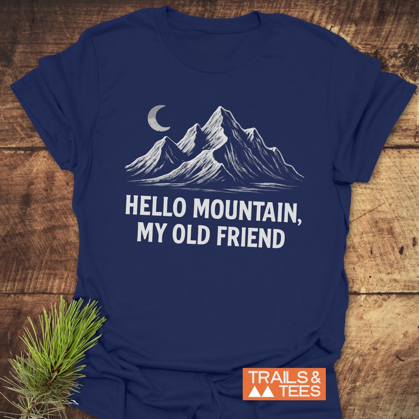 Hello Mountain, My Old Friend T-Shirt featuring a white crescent moon design, crafted from lightweight ring-spun cotton for comfort and durability.