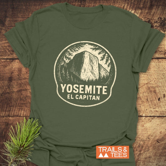 Close-up of the Yosemite El Capitan T-Shirt featuring a durable graphic design, crafted from soft ring-spun cotton, ideal for outdoor enthusiasts.