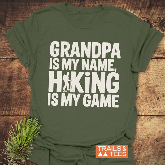 Grandpa Is My Name Hiking T-Shirt: Lightweight ring-spun cotton, durable print, no side seams, ideal for outdoor adventures. Pre-shrunk for reliable fit.