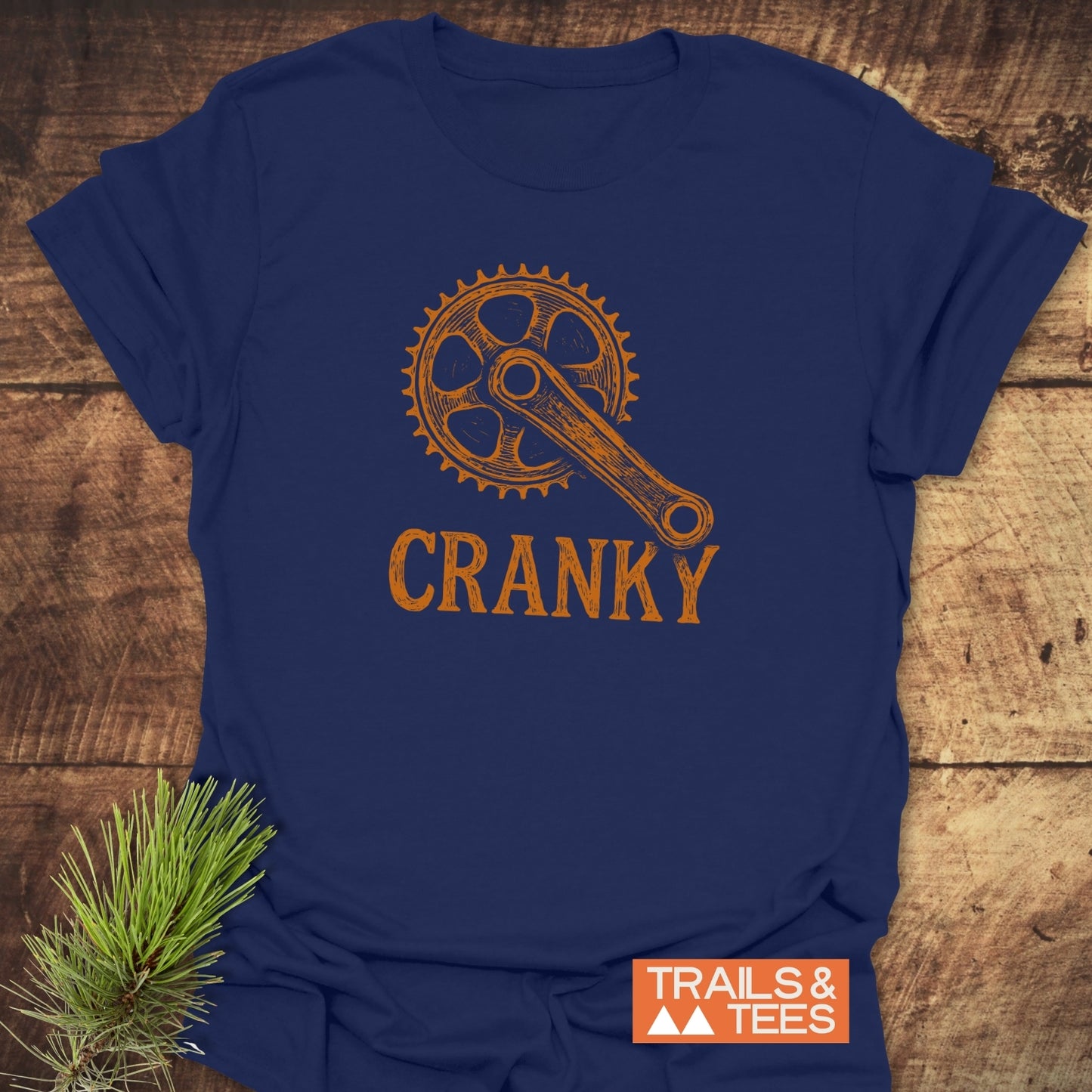 CRANKY T-Shirt featuring a prominent gear drawing, designed for active wear, highlighting its unique style with a close-up of mechanical elements.