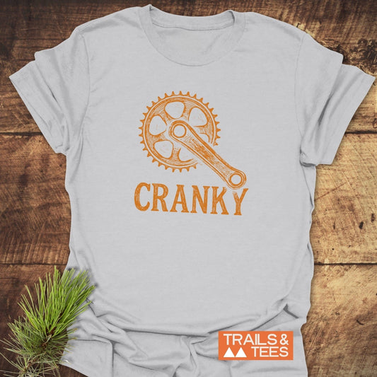 CRANKY T-Shirt featuring a detailed orange gear design, showcased in a close-up view, highlighting the active shirt's unique pattern and style.
