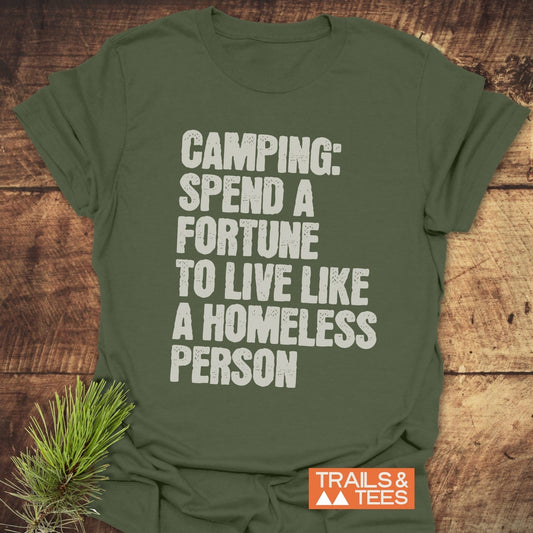 Camping Spend A Fortune T-Shirt featuring bold white text, designed as an active wear piece. Ideal for outdoor enthusiasts seeking comfort and style.