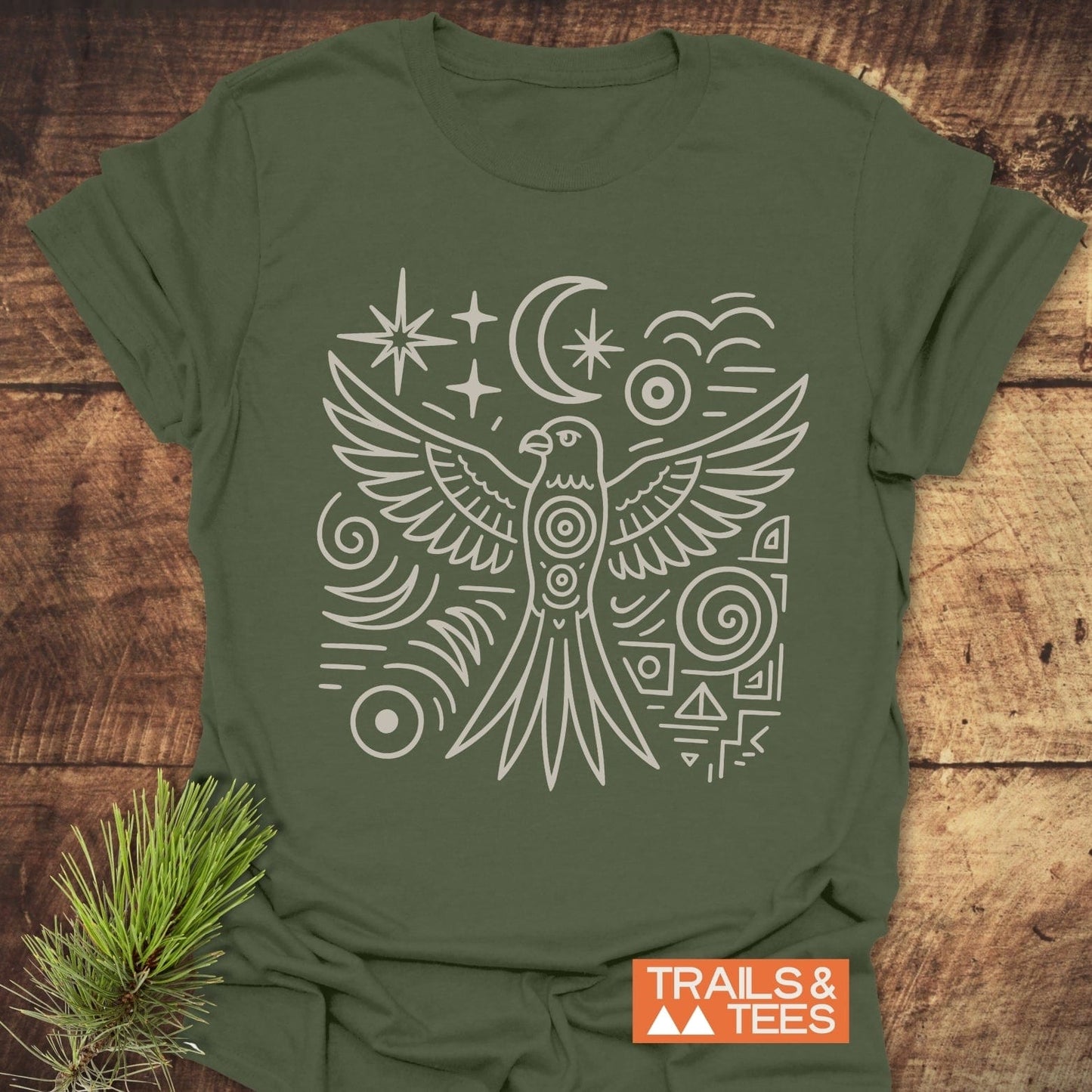 Mystic Eagle T-Shirt featuring a bird design on the front, crafted from lightweight ring-spun cotton, offering comfort and durability for outdoor adventures.