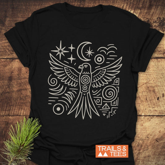 Mystic Eagle T-Shirt featuring a white star and triangle design on black fabric, crafted from lightweight cotton for outdoor adventures and everyday comfort.