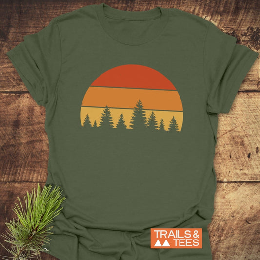 Forest Sunset T-Shirt, featuring a close-up of its soft, lightweight design with durable prints and a sleeve, ideal for outdoor adventures.