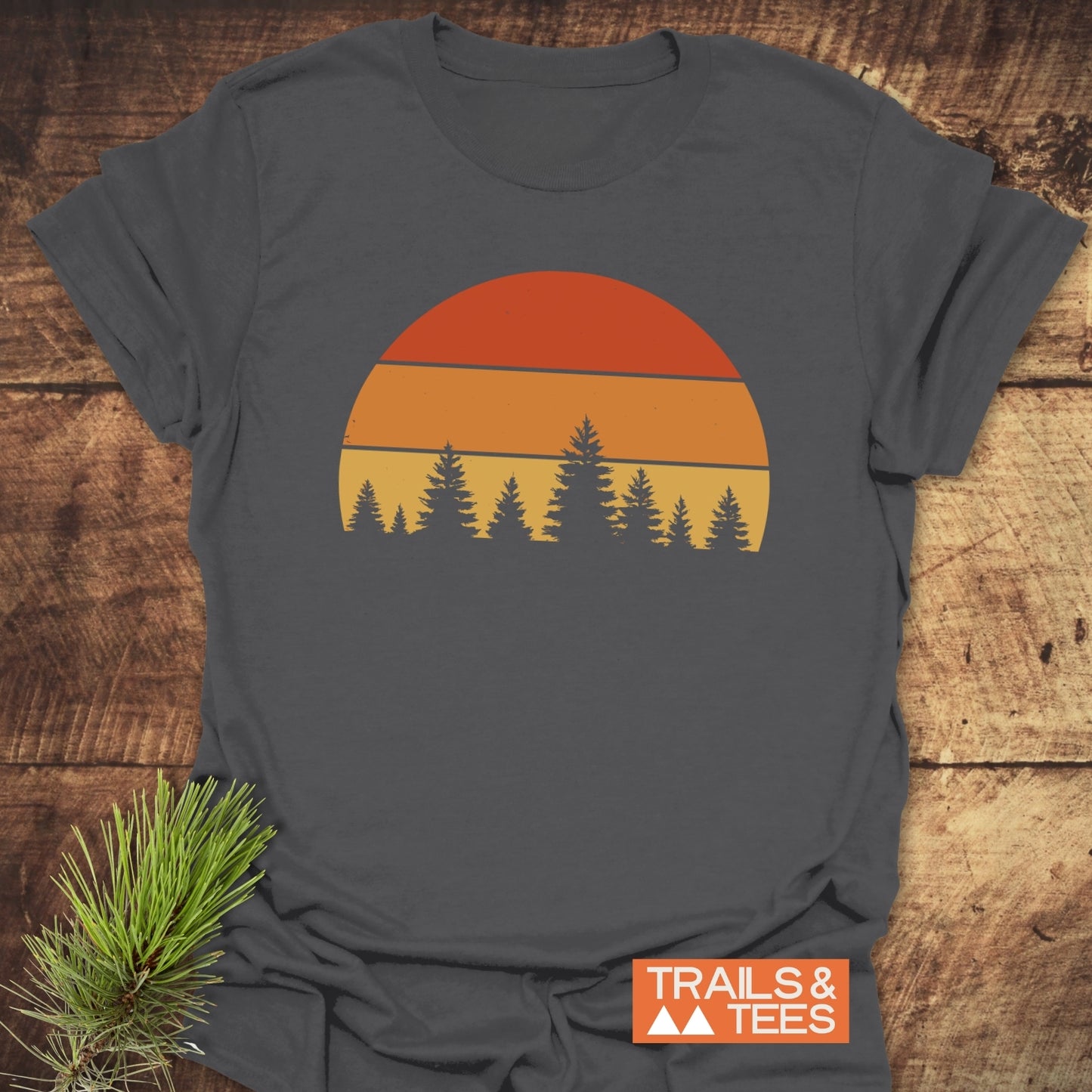 Forest Sunset T-Shirt showcasing a close-up of soft, lightweight ring-spun cotton fabric, highlighting its durable DTF prints and pre-shrunk, seamless design for comfort.