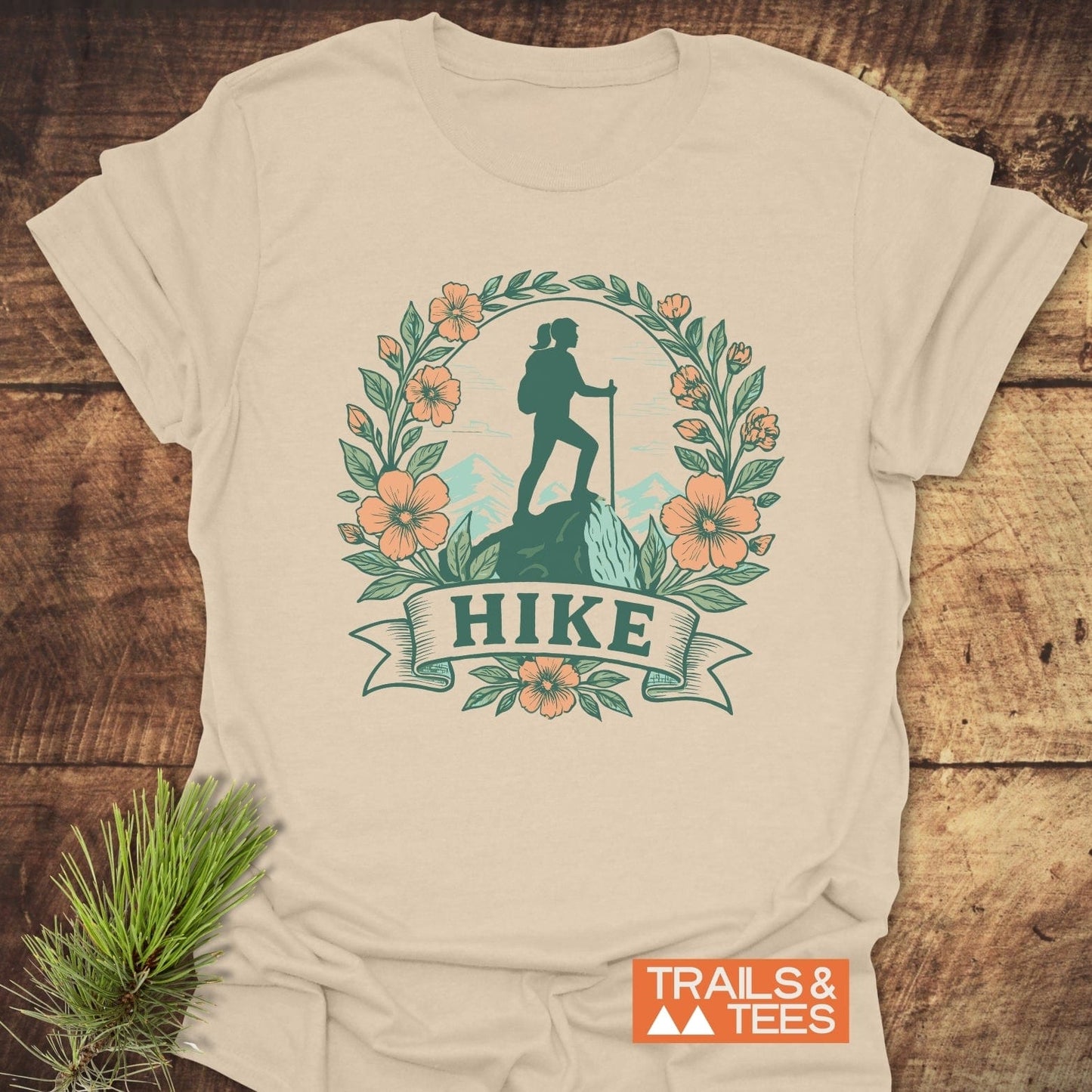 HIKE Flower T-Shirt featuring a hiker image, crafted from ring-spun cotton for comfort and durability, ideal for outdoor enthusiasts seeking style and function.