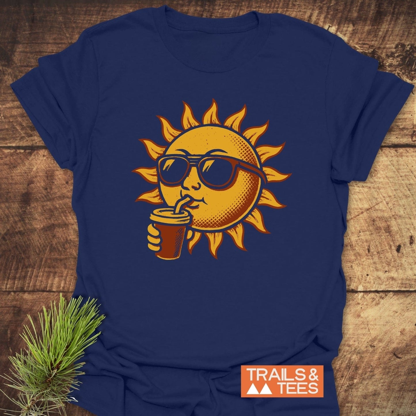 Sun With Coffee T-Shirt featuring a sun in sunglasses sipping a drink, crafted from soft cotton for comfort and durability, ideal for outdoor enthusiasts.