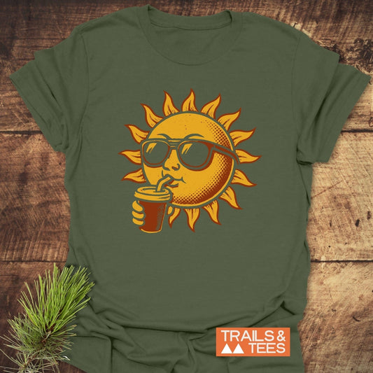 Sun With Coffee T-Shirt featuring a sun in sunglasses sipping through a straw, crafted from soft ring-spun cotton for comfort and durability.