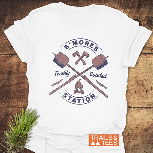 S'mores Station T-Shirt featuring a durable logo print on soft, lightweight cotton, designed for comfort during outdoor adventures. Pre-shrunk for a reliable fit.
