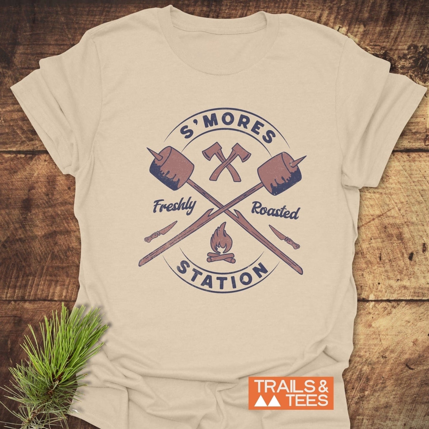 S'mores Station T-Shirt featuring a marshmallow on a stick graphic, crafted from soft ring-spun cotton for comfort and designed for outdoor enthusiasts.