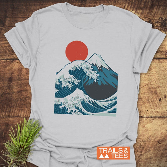 Mountain And Wave T-Shirt featuring a mountain and red sun design on soft, lightweight cotton, ideal for outdoor adventures and everyday wear.