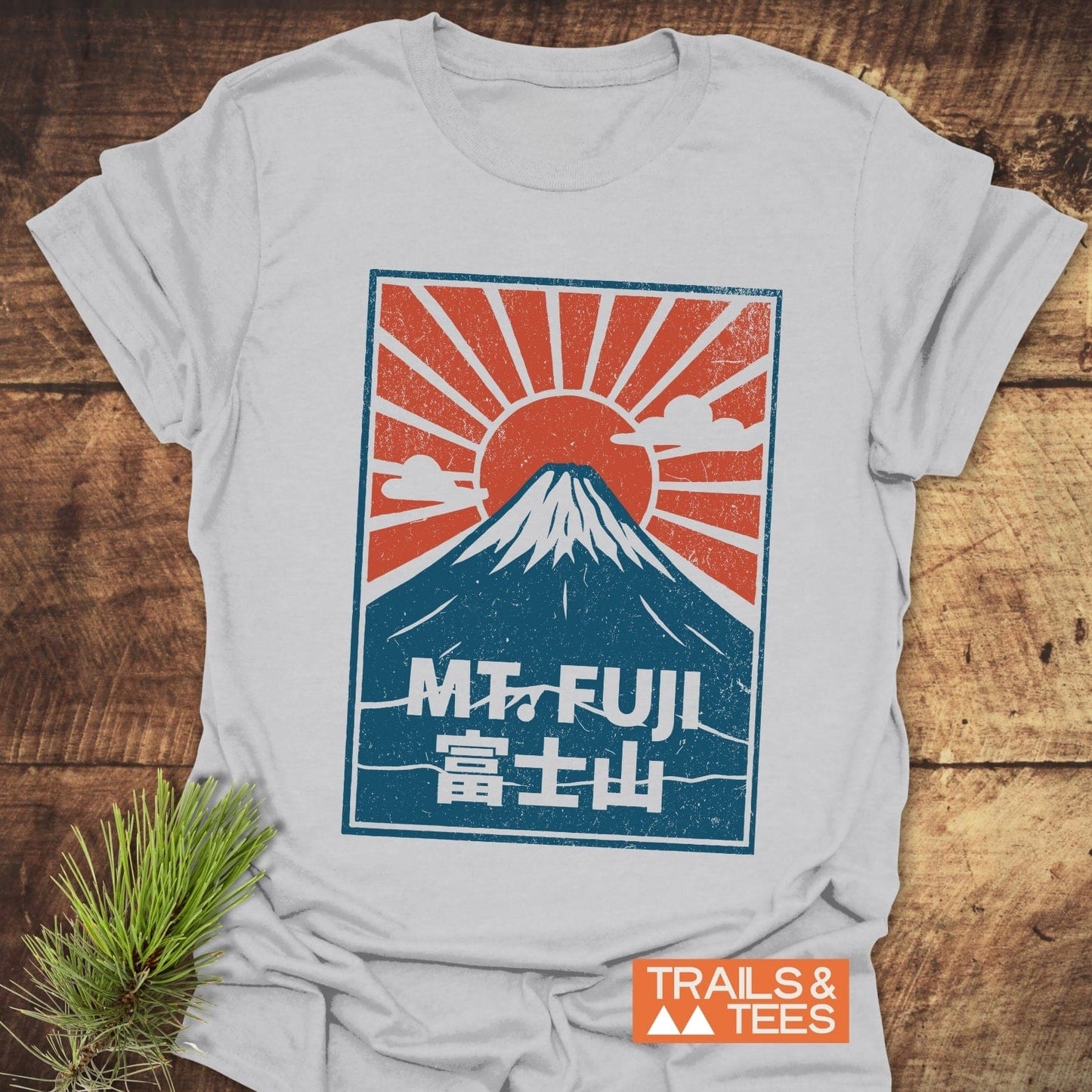 Close-up of the Mt. Fuji Vintage T-Shirt featuring a mountain and sun design, made from lightweight ring-spun cotton for outdoor comfort and adventure.