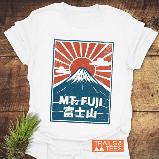 Mt. Fuji Vintage T-Shirt featuring a mountain and sun design, crafted from soft ring-spun cotton for comfort and durability, perfect for outdoor enthusiasts.