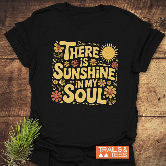Sunshine In My Soul T-Shirt featuring bold yellow text on a black background, crafted from soft ring-spun cotton for comfort during outdoor adventures.