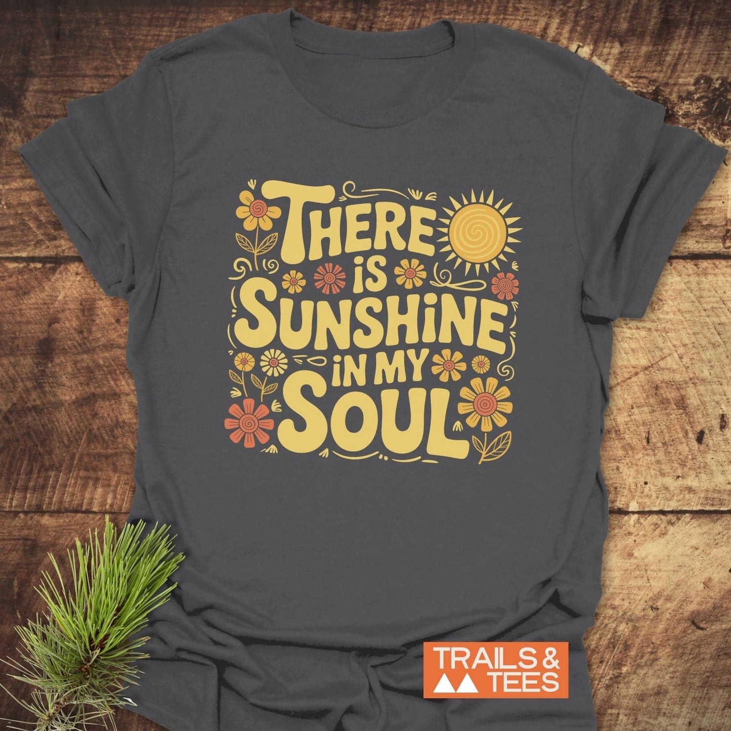 Sunshine In My Soul T-Shirt features durable yellow text on a grey, lightweight cotton tee, designed for comfort and adventure, with pre-shrunk, lasting fit.