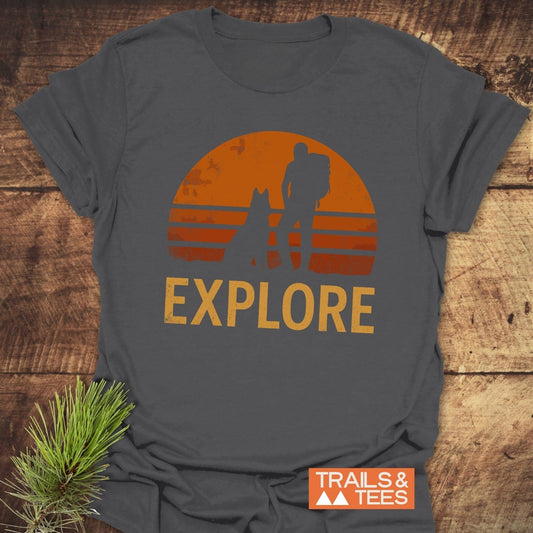Explore Dog T-Shirt featuring a silhouette of a man and a dog, perfect for active lifestyles.