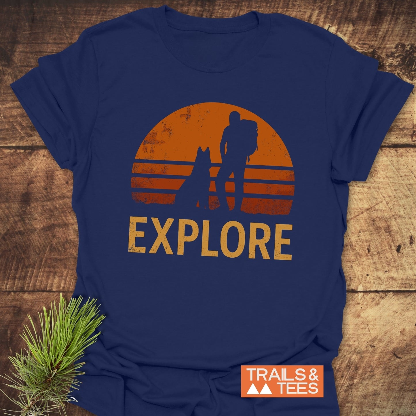Explore Dog T-Shirt featuring a silhouette of a man and dog, perfect for active lifestyles.