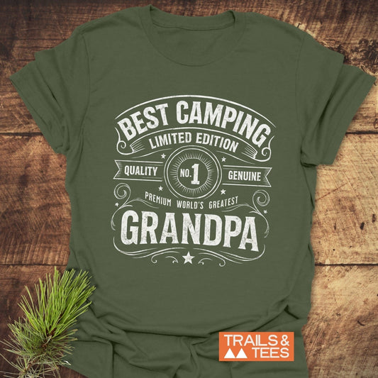 Best Camping Grandpa T-Shirt featuring durable white text on soft, lightweight ring-spun cotton, ideal for outdoor adventures and everyday comfort. Pre-shrunk for lasting fit.