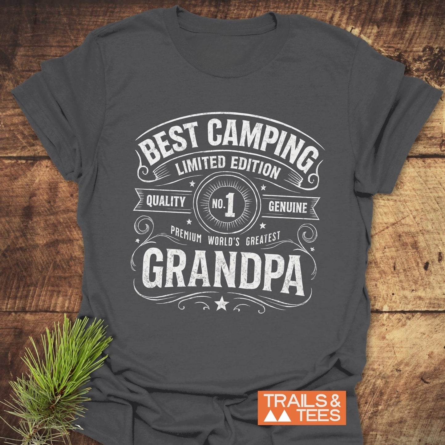 Best Camping Grandpa T-Shirt, featuring durable white text on soft, lightweight ring-spun cotton, designed for comfort and adventure with pre-shrunk, seamless fit.
