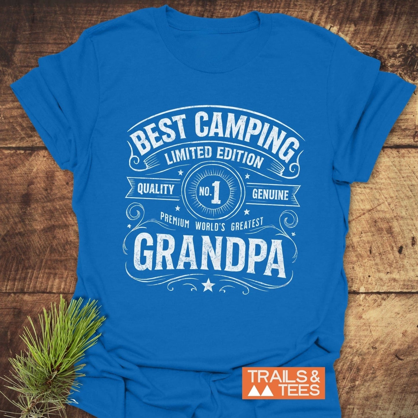 Best Camping Grandpa T-Shirt featuring white Best Grandpa text on blue fabric, crafted from soft, lightweight cotton for comfort and durability, ideal for outdoor enthusiasts.