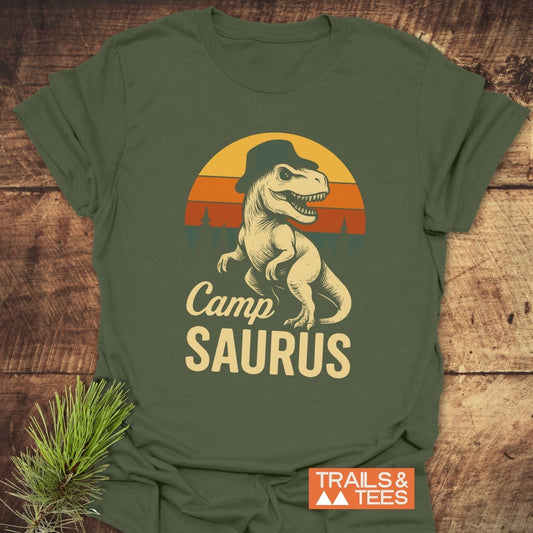 CampSaurus T-Shirt featuring a cartoon T-Rex in a hat, crafted from soft, lightweight ring-spun cotton for comfort and durability, perfect for outdoor adventures.