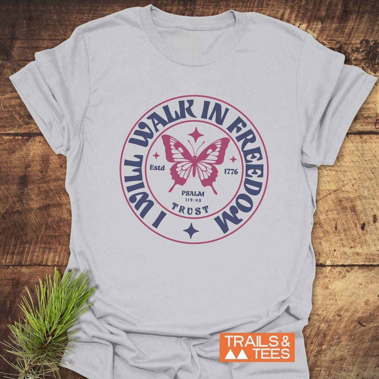 Walk In Freedom T-Shirt featuring a butterfly design; crafted from soft ring-spun cotton, pre-shrunk, with durable prints and seamless shoulders for lasting shape.