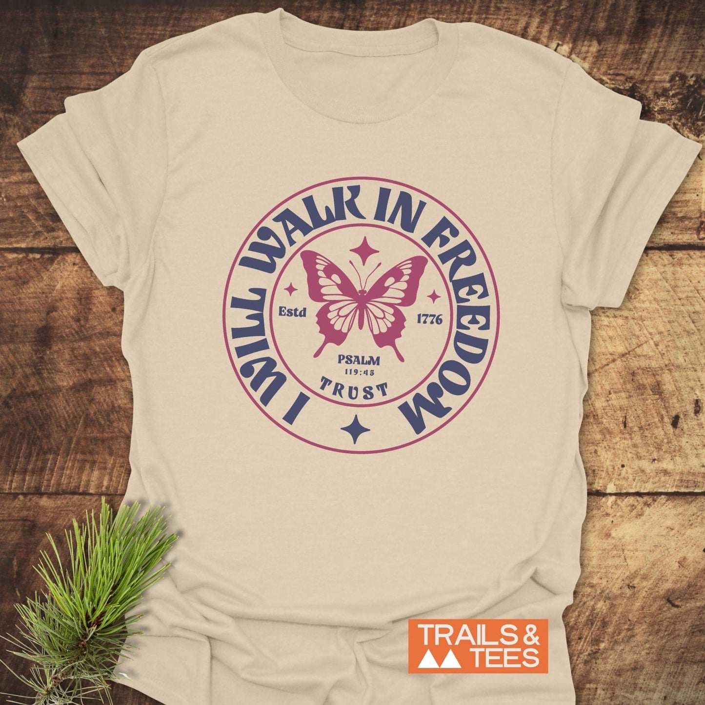 Walk In Freedom T-Shirt featuring a butterfly design, crafted from soft ring-spun cotton with durable DTF prints, perfect for outdoor adventures.