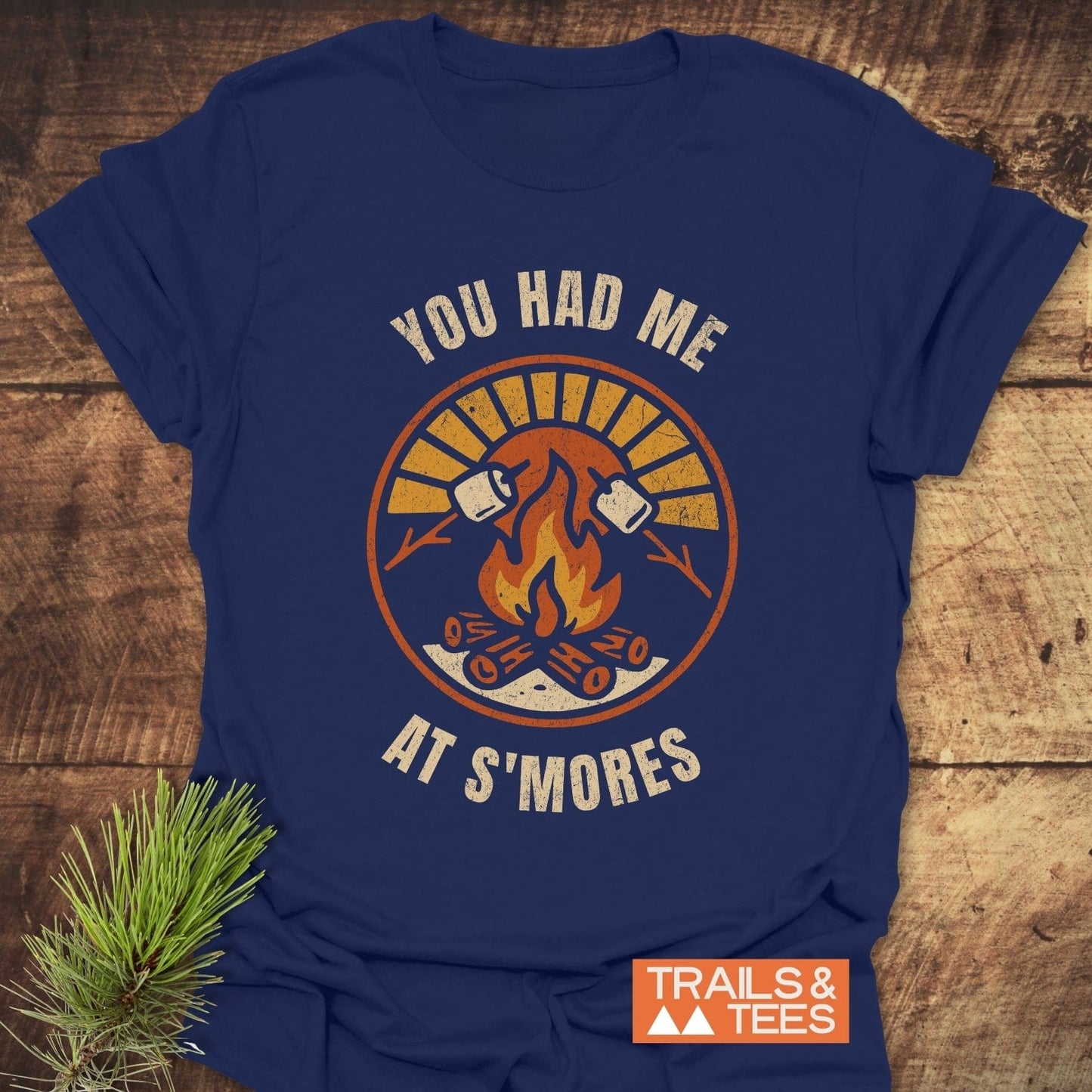 You Had Me At S'mores T-Shirt featuring bold white text, crafted from ring-spun cotton for comfort, ideal for outdoor adventures and everyday wear.