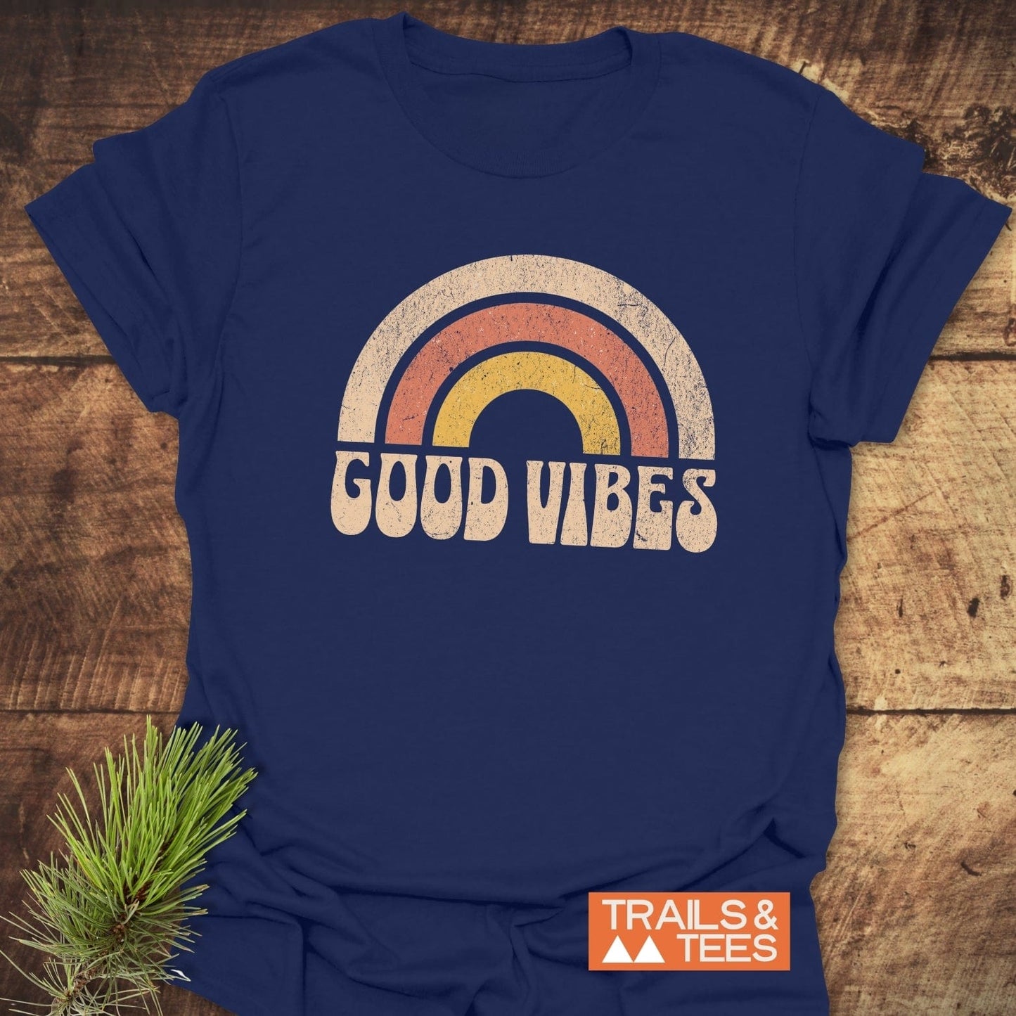 Good Vibes T-Shirt with rainbow design, crafted from soft ring-spun cotton for lasting comfort and durability, ideal for outdoor adventures and everyday wear.