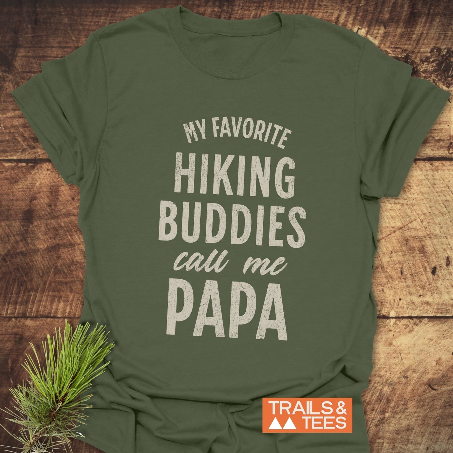 Papa Hiking T-Shirt featuring durable white text on a green background, crafted from soft ring-spun cotton for comfort and outdoor adventures.