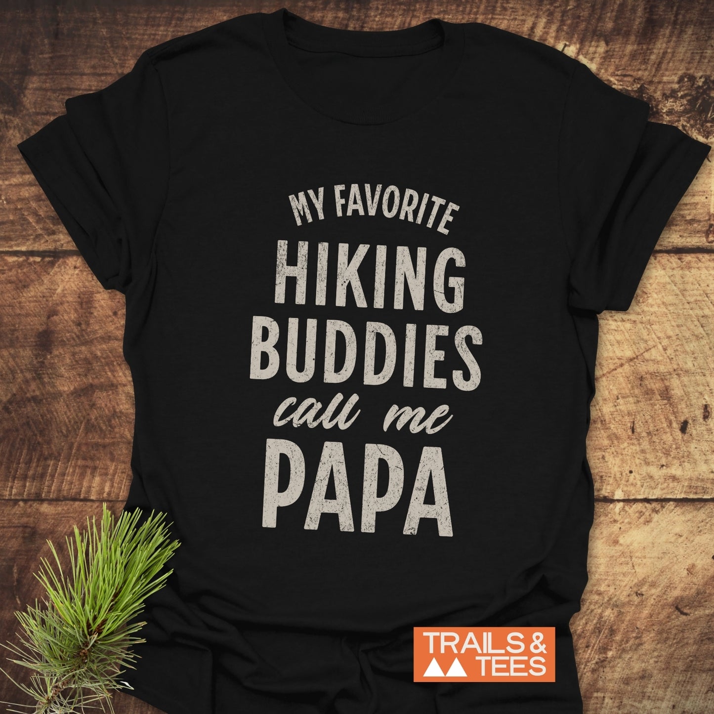 Papa Hiking T-Shirt featuring durable white text on soft, lightweight ring-spun cotton, designed for comfort and outdoor adventures. Pre-shrunk with taped shoulders for lasting shape.