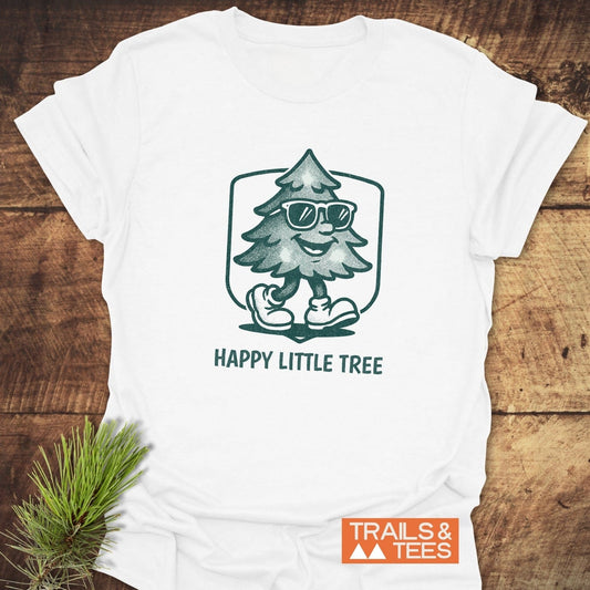 Happy Little Tree T-Shirt featuring a cartoon tree with sunglasses, crafted from soft ring-spun cotton, designed for outdoor adventures and everyday comfort.