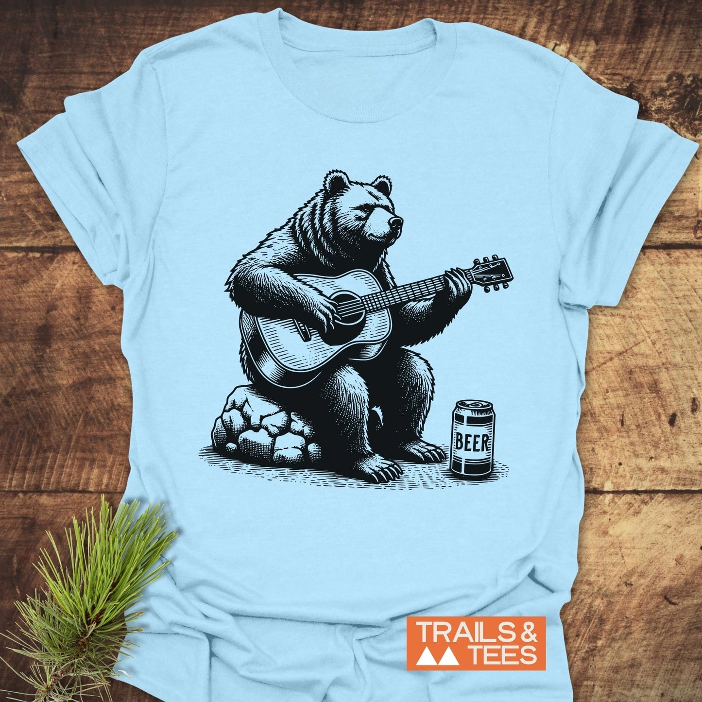 Bear Playing Guitar T-Shirt featuring a bear strumming a guitar, designed for active wear with short sleeves, perfect for casual outings or music enthusiasts.