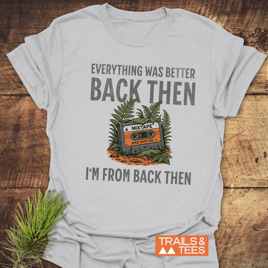 Back Then T-Shirt featuring a detailed image of a cassette tape, highlighting its nostalgic design. Ideal for those who appreciate retro-inspired active wear.
