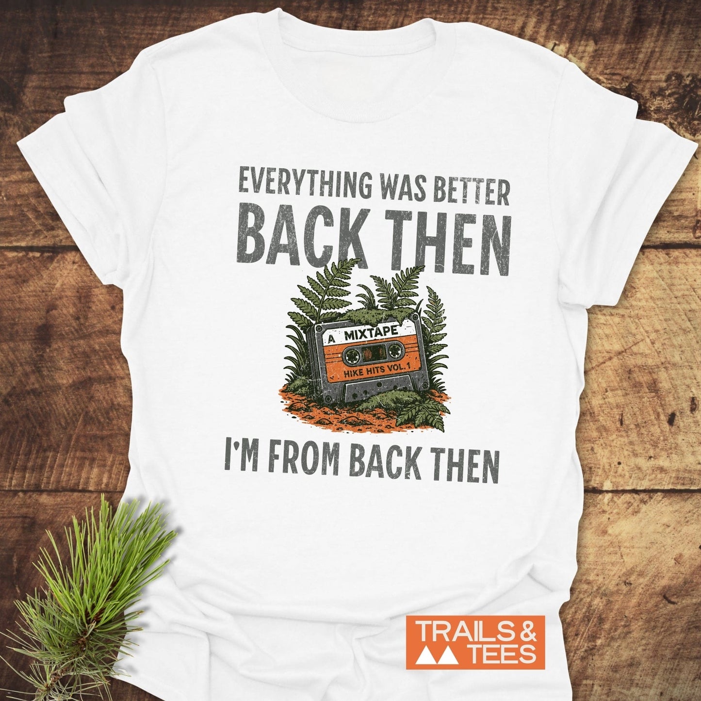 Back Then T-Shirt featuring a cassette tape graphic, highlighting a vintage theme, perfect for nostalgic individuals. Ideal for casual, everyday wear.