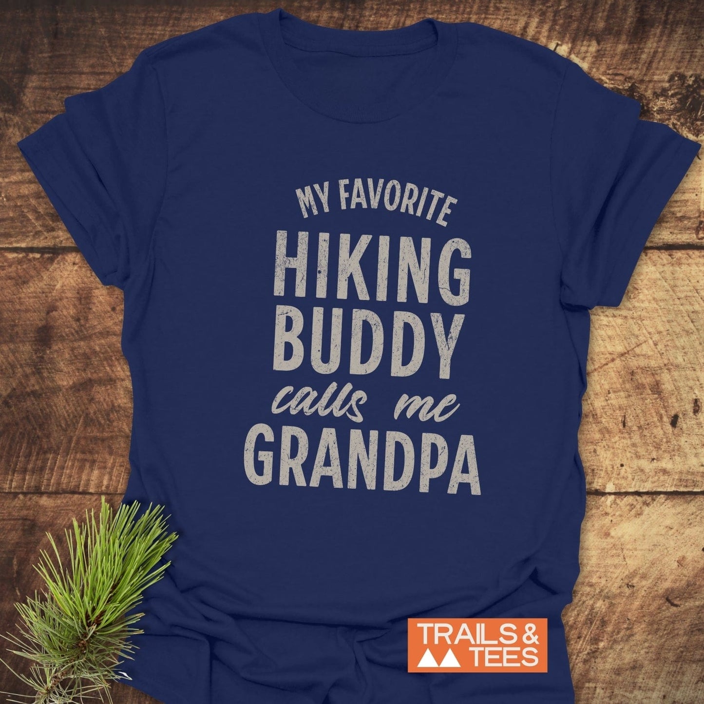 Grandpa Hiking T-Shirt featuring white text on a blue shirt, made from soft ring-spun cotton, designed for comfort and durability on outdoor adventures.