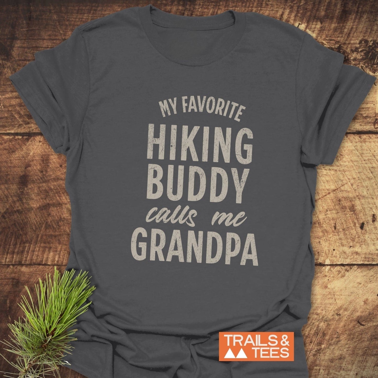 Grey Grandpa Hiking T-Shirt with white text, made from soft, lightweight cotton. Ideal for outdoor adventures, featuring durable prints and a comfortable, pre-shrunk fit.