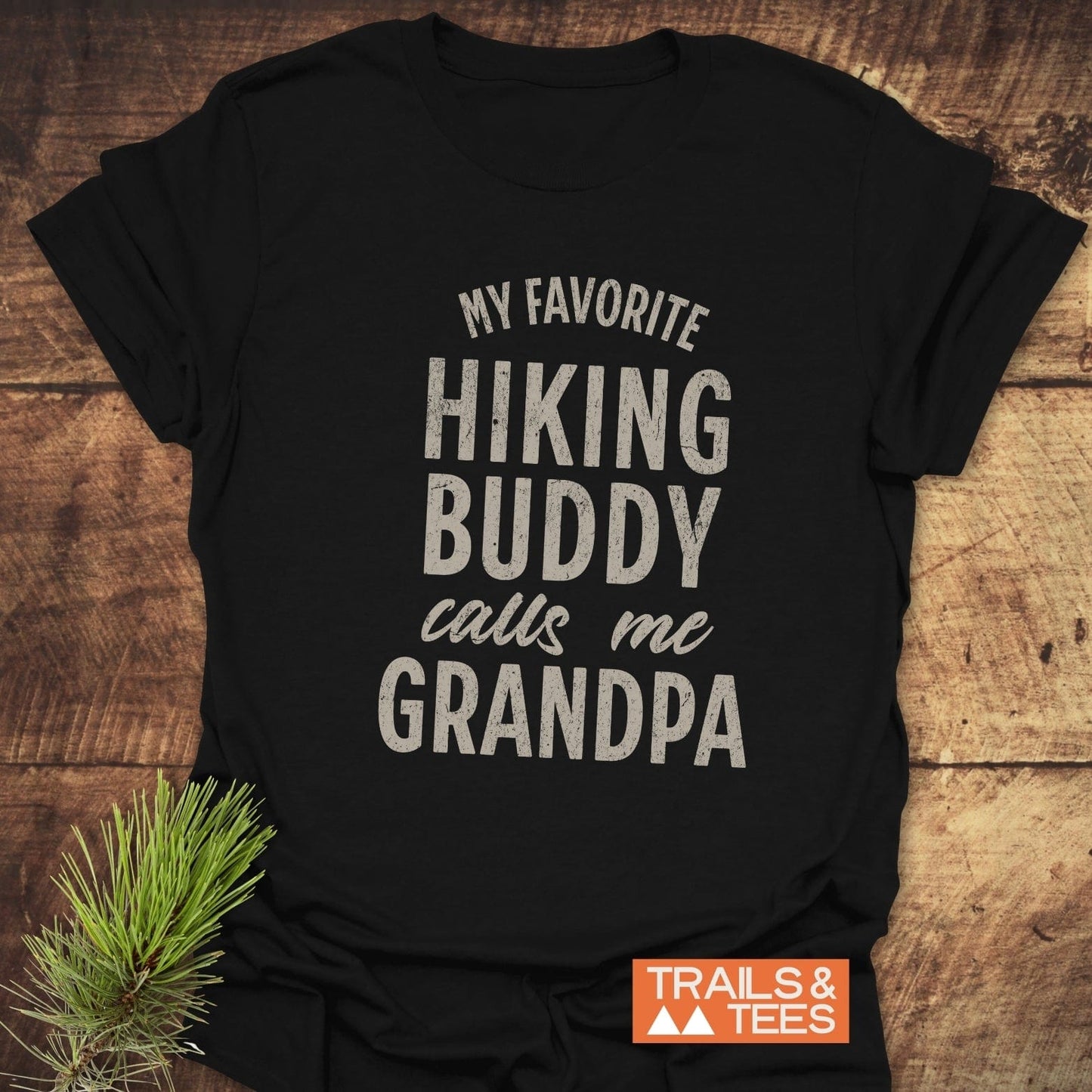 Grandpa Hiking T-Shirt displaying bold white text on a black tee, crafted from soft cotton, designed for outdoor enthusiasts with durable prints and a comfortable fit.