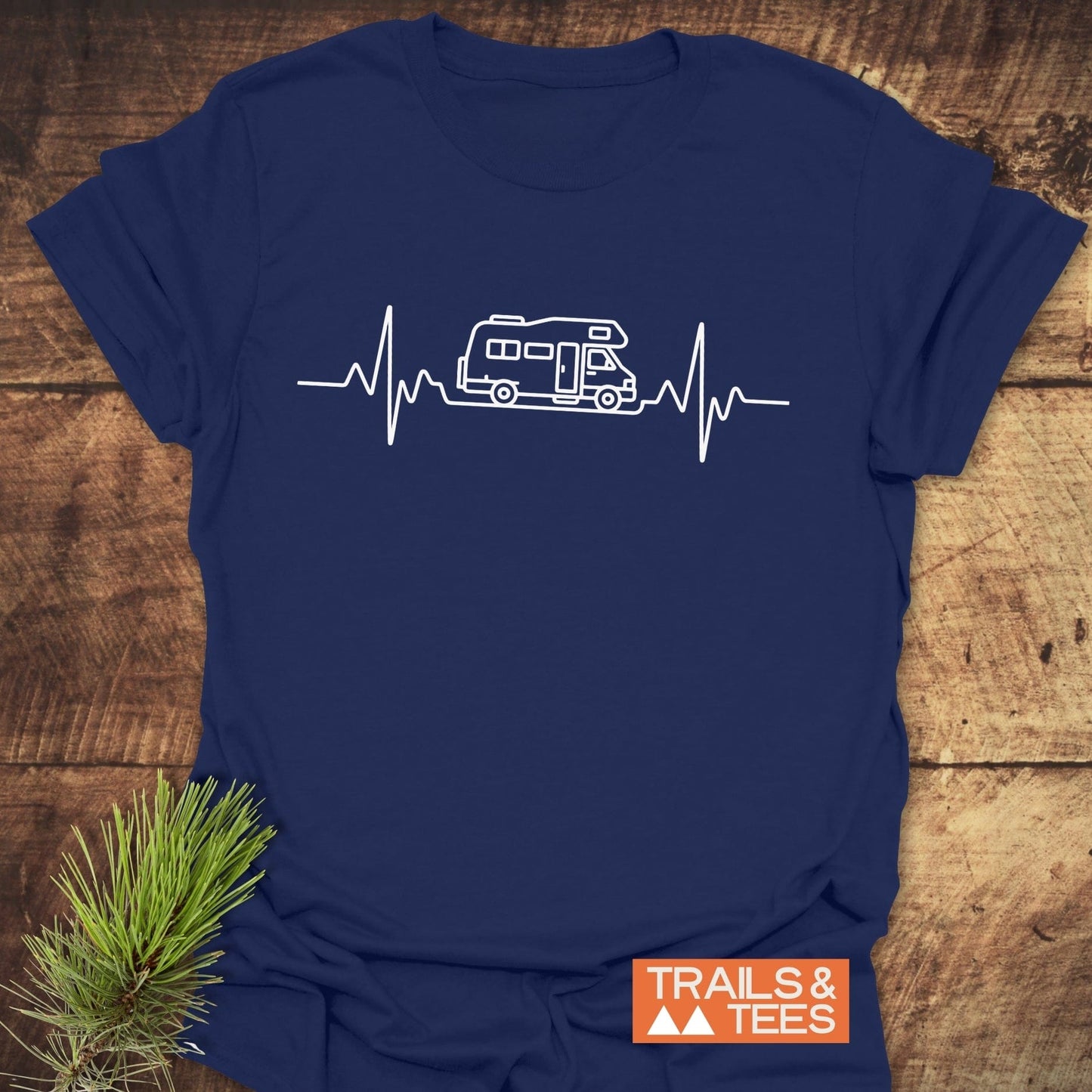 RV Heartbeat T-Shirt featuring a line drawing of a camper, designed for activewear enthusiasts seeking comfort and style in a casual top.