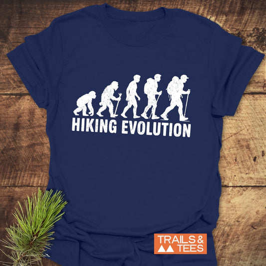 Hiking Evolution T-Shirt featuring white text and a silhouette design, ideal for active wear and outdoor enthusiasts.