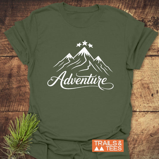 Adventure T-Shirt featuring bold white text on the front, designed for active wear. Close-up highlights fabric texture and casual style.